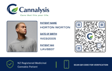 A Cannalysis patient card showing name, date of birth, NHI number and a verification QR code